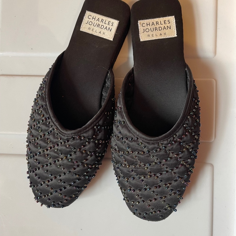 Fancy Charles Jourdan slippers with iridescent beads
